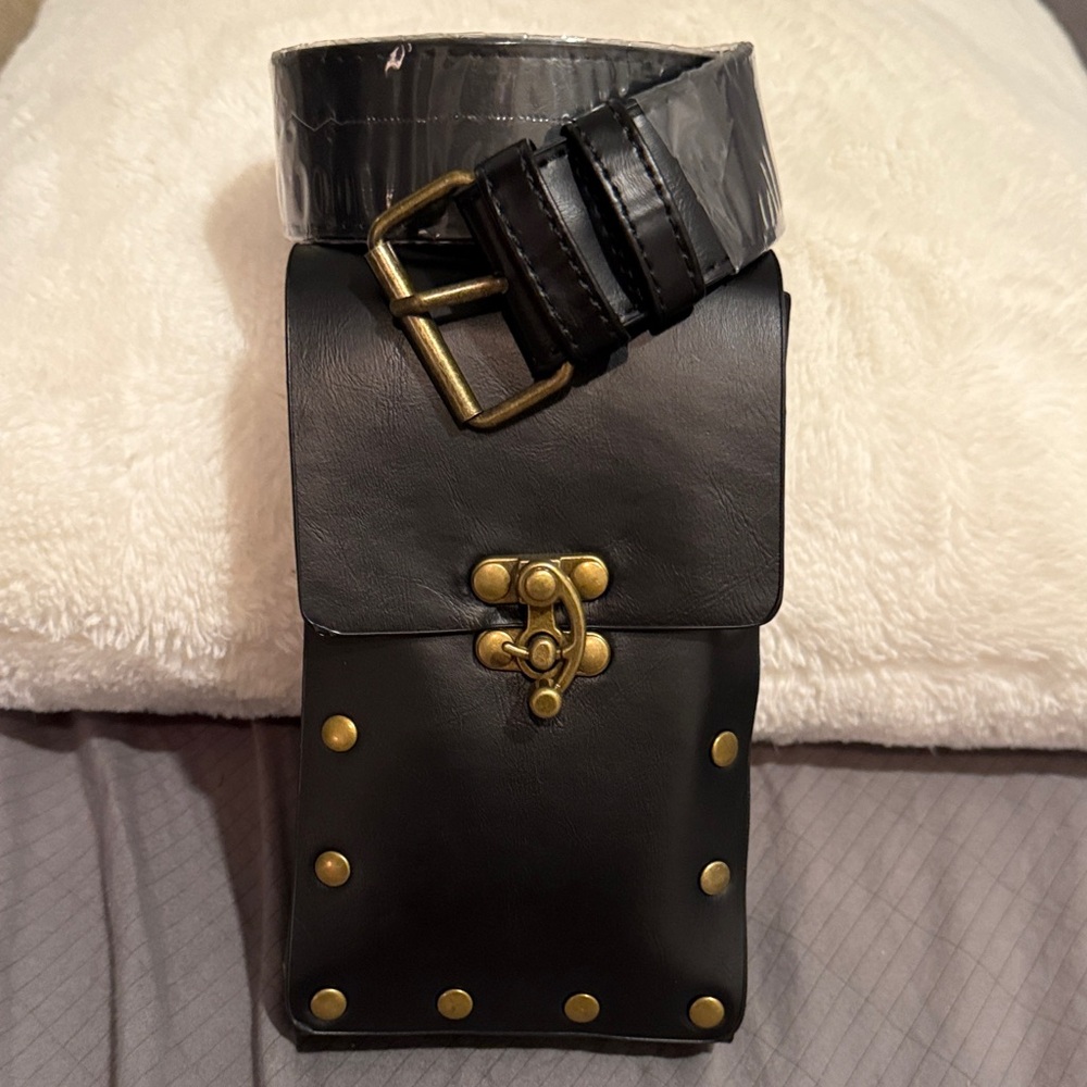 NEW  Steampunk Black faux leather cute waist or over shoulder bag.